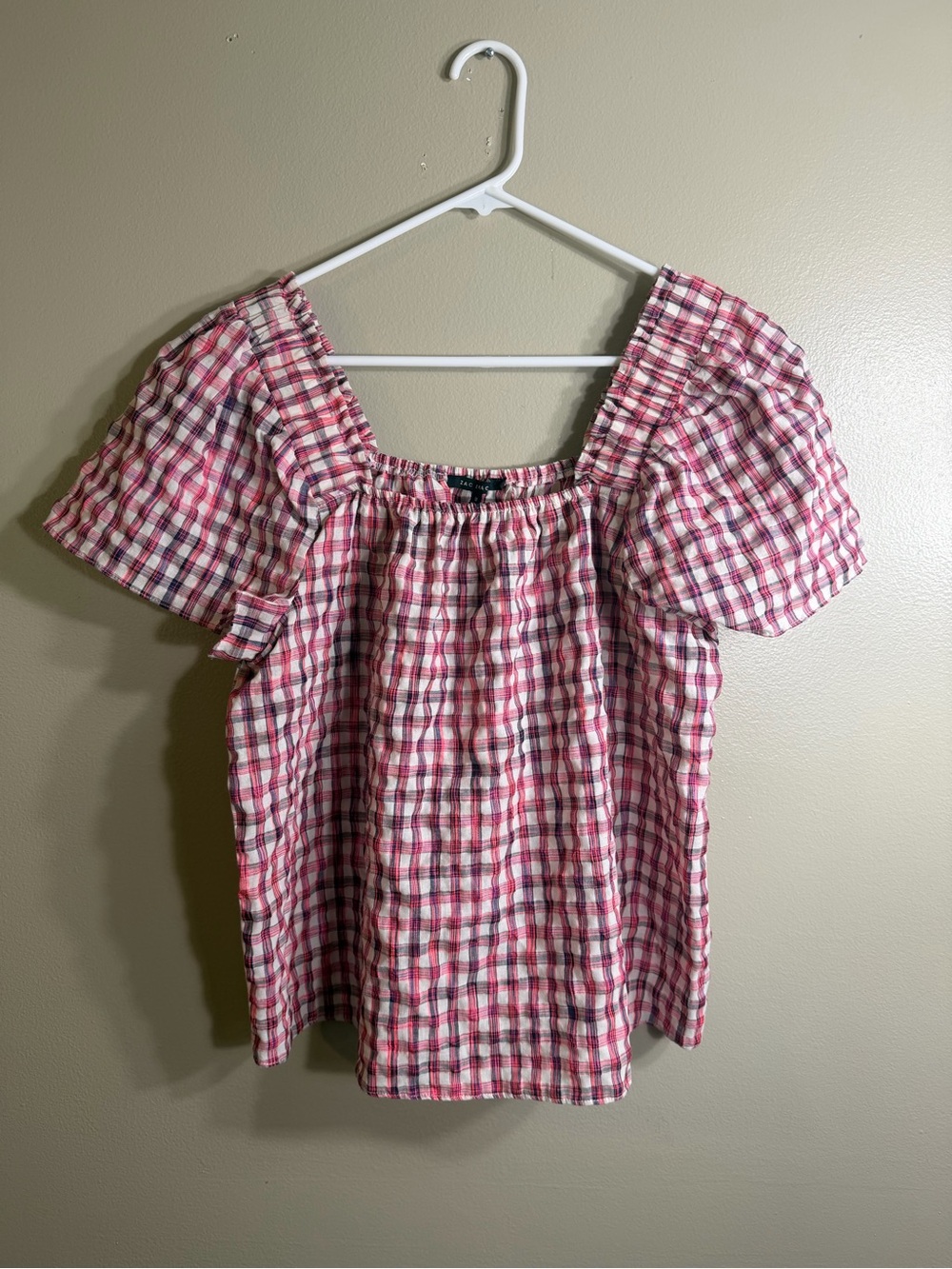 Zac & Rachel Pink Plaid Puff Sleeve Peasant Top M